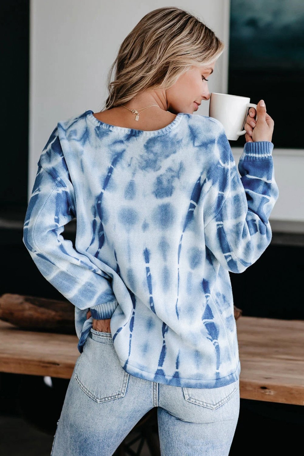 Blue White Tie - dye Print Knit Sweater - Wear and Wander