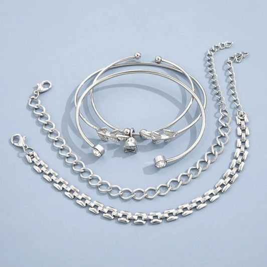Bohemian Silver Color Geometric Link Chain Bracelet Set For Women Crystal Leaf Open Cuff Bangle Female Boho Jewelry Accessory - Wear and Wander