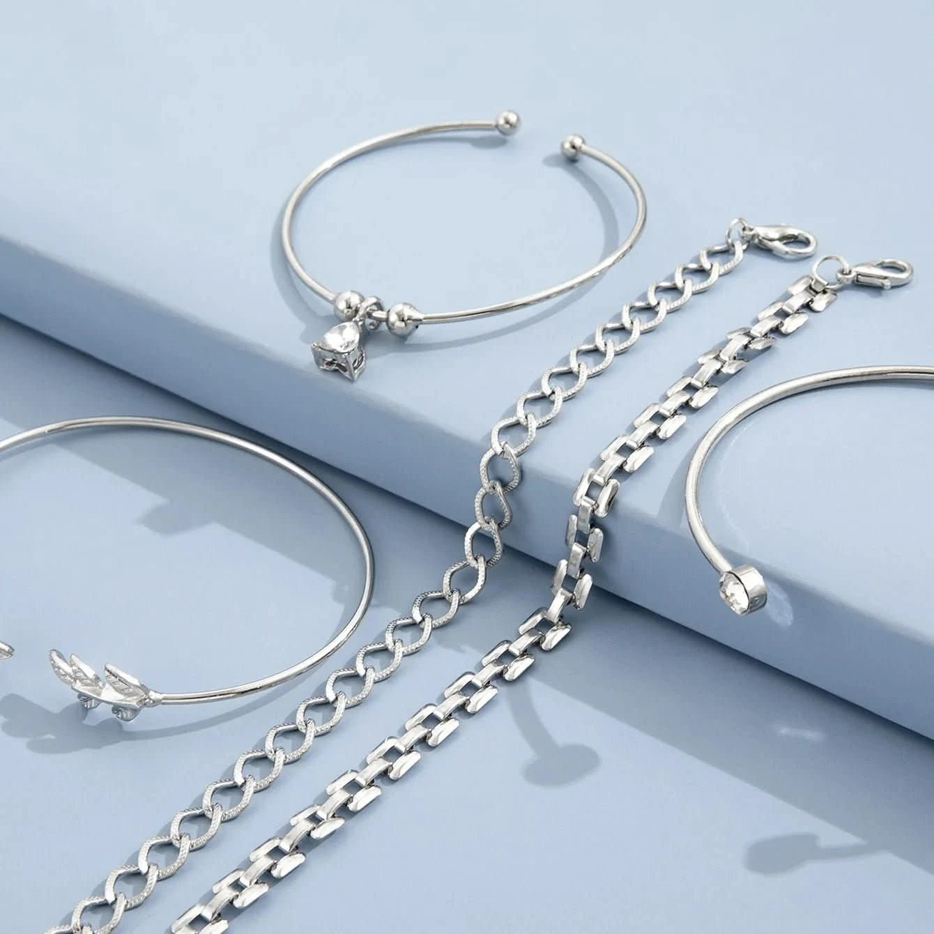 Bohemian Silver Color Geometric Link Chain Bracelet Set For Women Crystal Leaf Open Cuff Bangle Accessory - Wear and Wander
