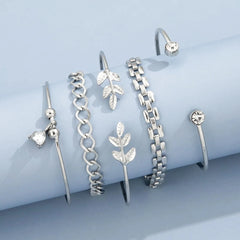 Bohemian Silver Color Geometric Link Chain Bracelet Set For Women Crystal Leaf Open Cuff Bangle Accessory - Wear and Wander
