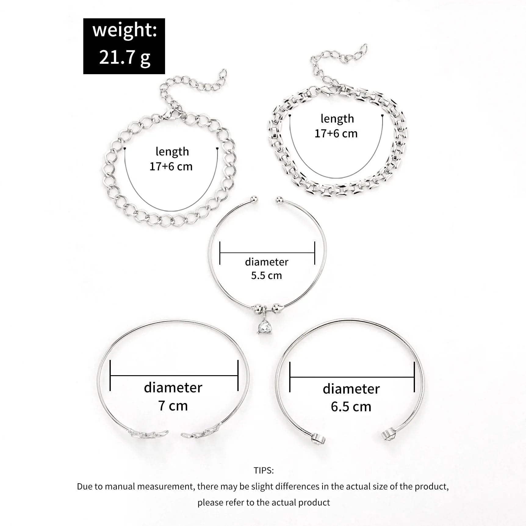 Bohemian Silver Color Geometric Link Chain Bracelet Set For Women Crystal Leaf Open Cuff Bangle Accessory - Wear and Wander