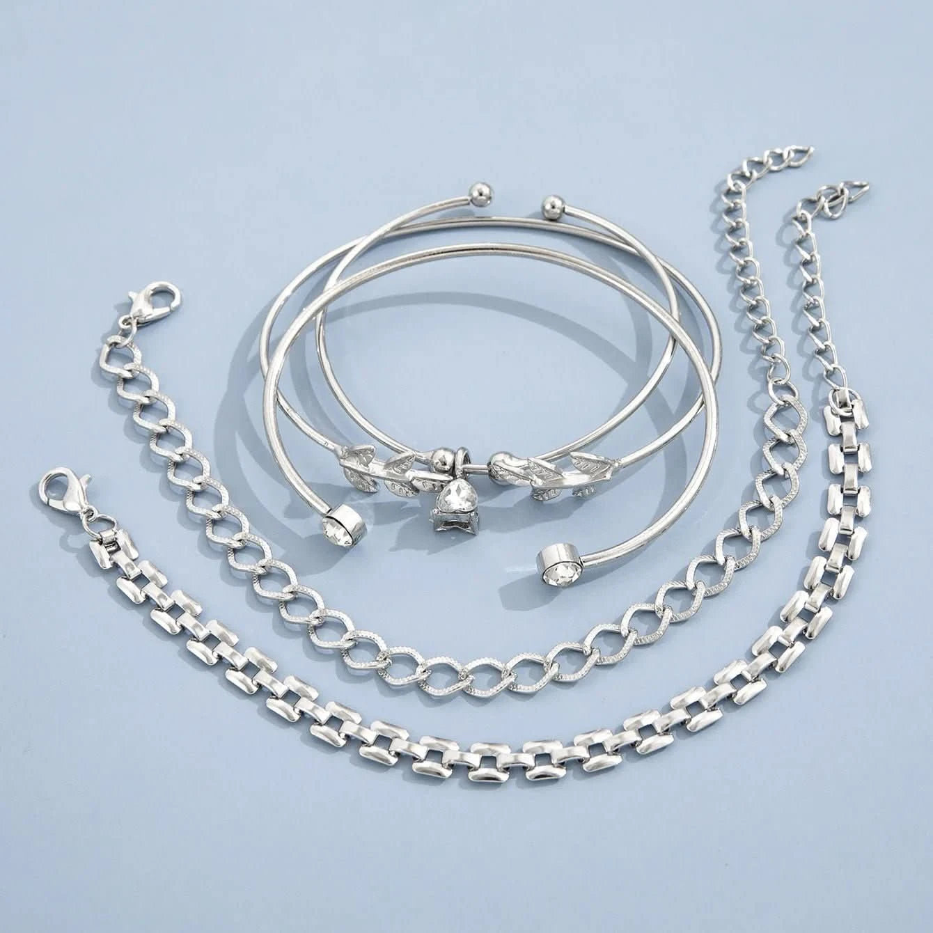 Bohemian Silver Color Geometric Link Chain Bracelet Set For Women Crystal Leaf Open Cuff Bangle Accessory - Wear and Wander