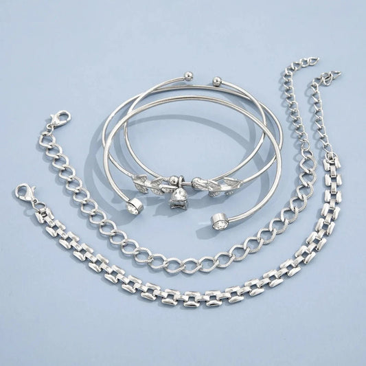 Bohemian Silver Color Geometric Link Chain Bracelet Set For Women Crystal Leaf Open Cuff Bangle Accessory - Wear and Wander