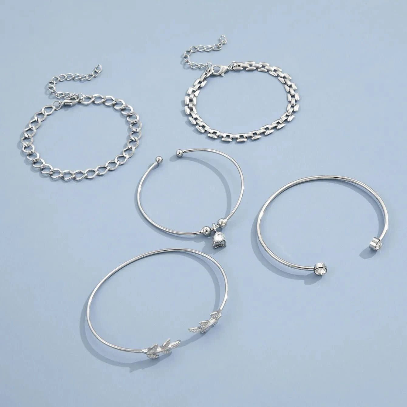 Bohemian Silver Color Geometric Link Chain Bracelet Set For Women Crystal Leaf Open Cuff Bangle Accessory - Wear and Wander