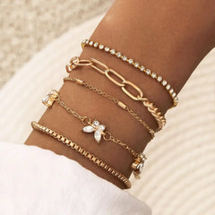 Bohemian Silver Color Geometric Link Chain Bracelet Set For Women Crystal Leaf Open Cuff Bangle Accessory - Wear and Wander