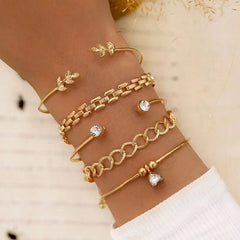 Bohemian Silver Color Geometric Link Chain Bracelet Set For Women Crystal Leaf Open Cuff Bangle Accessory - Wear and Wander