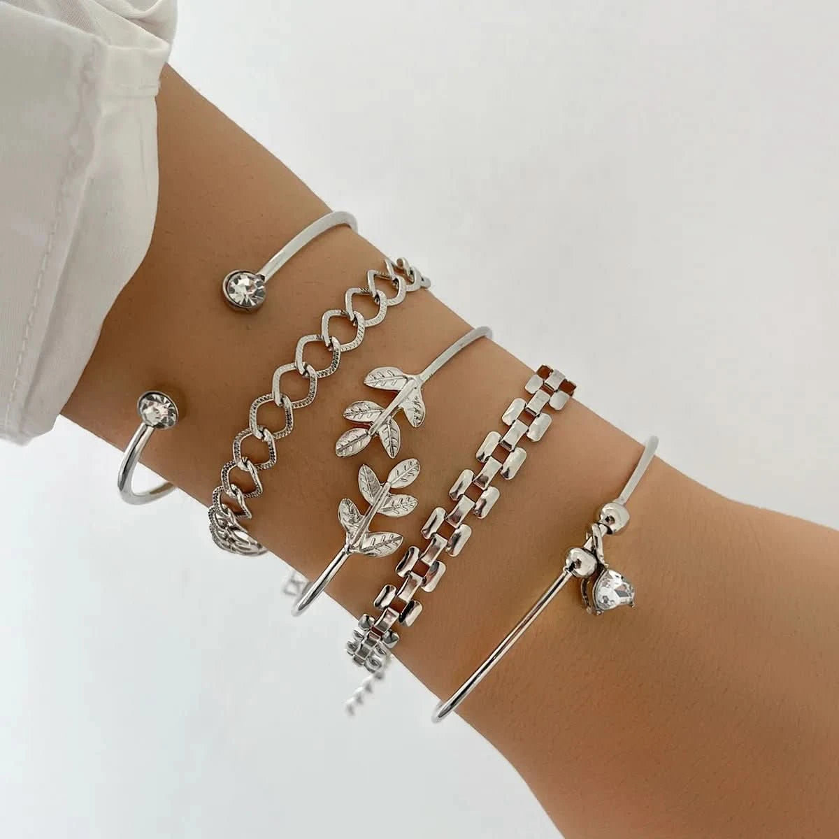 Bohemian Silver Color Geometric Link Chain Bracelet Set For Women Crystal Leaf Open Cuff Bangle Accessory - Wear and Wander