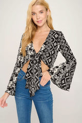 Boho Bell - Sleeve Crop Top with Tie - Front - Wear and Wander