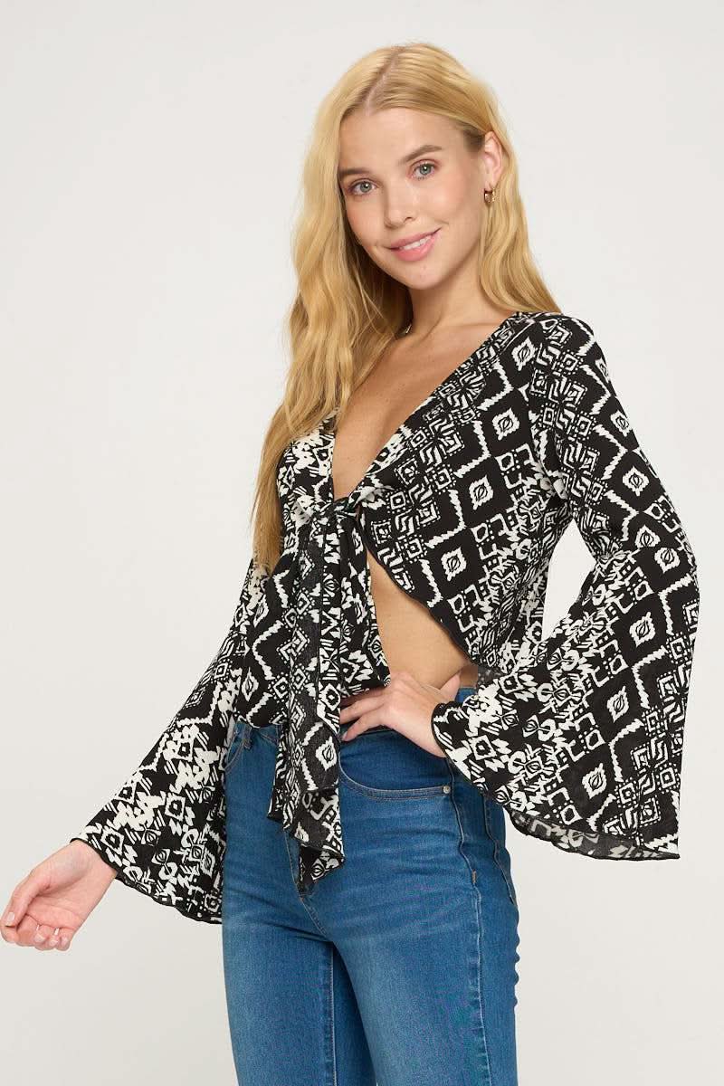 Boho Bell - Sleeve Crop Top with Tie - Front - Wear and Wander