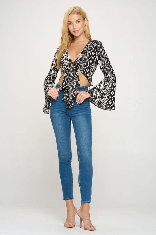 Boho Bell - Sleeve Crop Top with Tie - Front - Wear and Wander