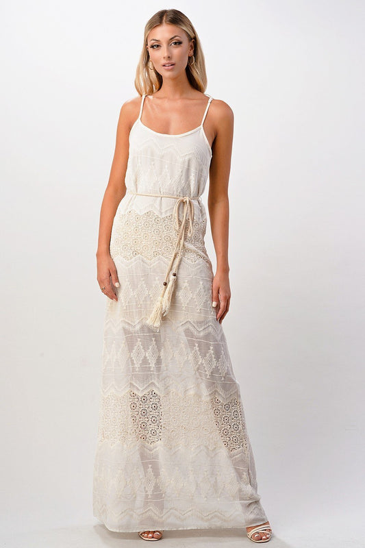 Boho - Inspired Embroidered Maxi Dress with Adjustable Straps - Wear and Wander