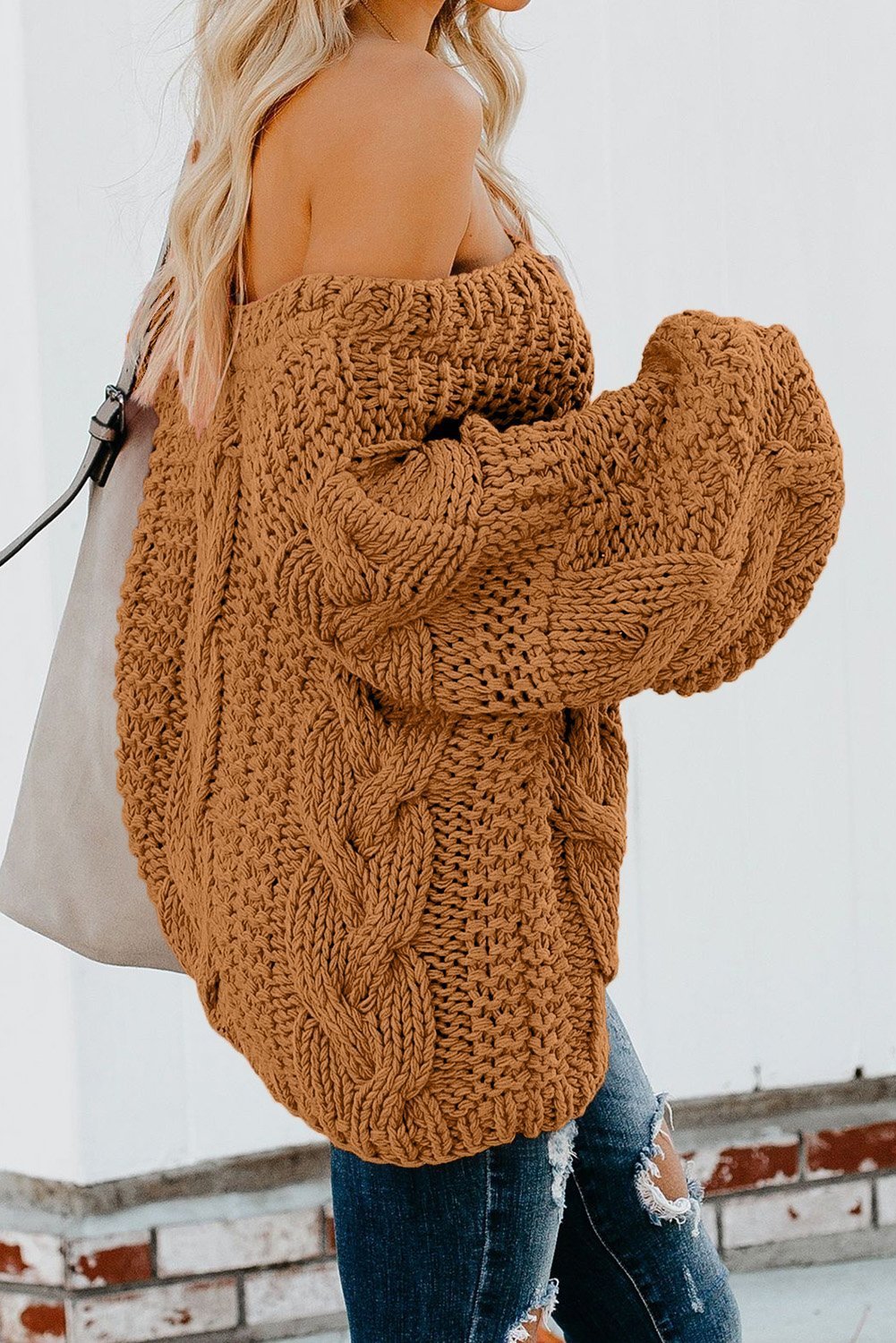 Brown Loose Bubblegum V - Neck Braided Knit Sweater - Wear and Wander