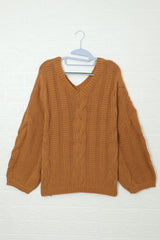 Brown Loose Bubblegum V - Neck Braided Knit Sweater - Wear and Wander