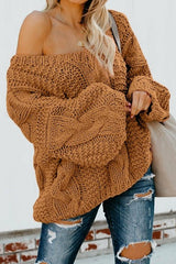 Brown Loose Bubblegum V - Neck Braided Knit Sweater - Wear and Wander