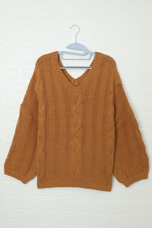 Brown Loose Bubblegum V - Neck Braided Knit Sweater - Wear and Wander