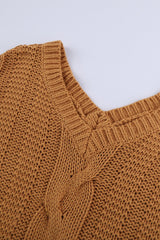 Brown Loose Bubblegum V - Neck Braided Knit Sweater - Wear and Wander