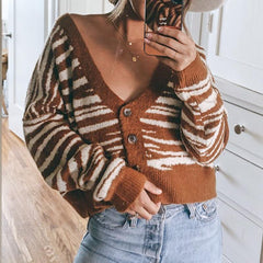 Brown stripe autumn winter women cardigan Office lady off shoulder - Wear and Wander