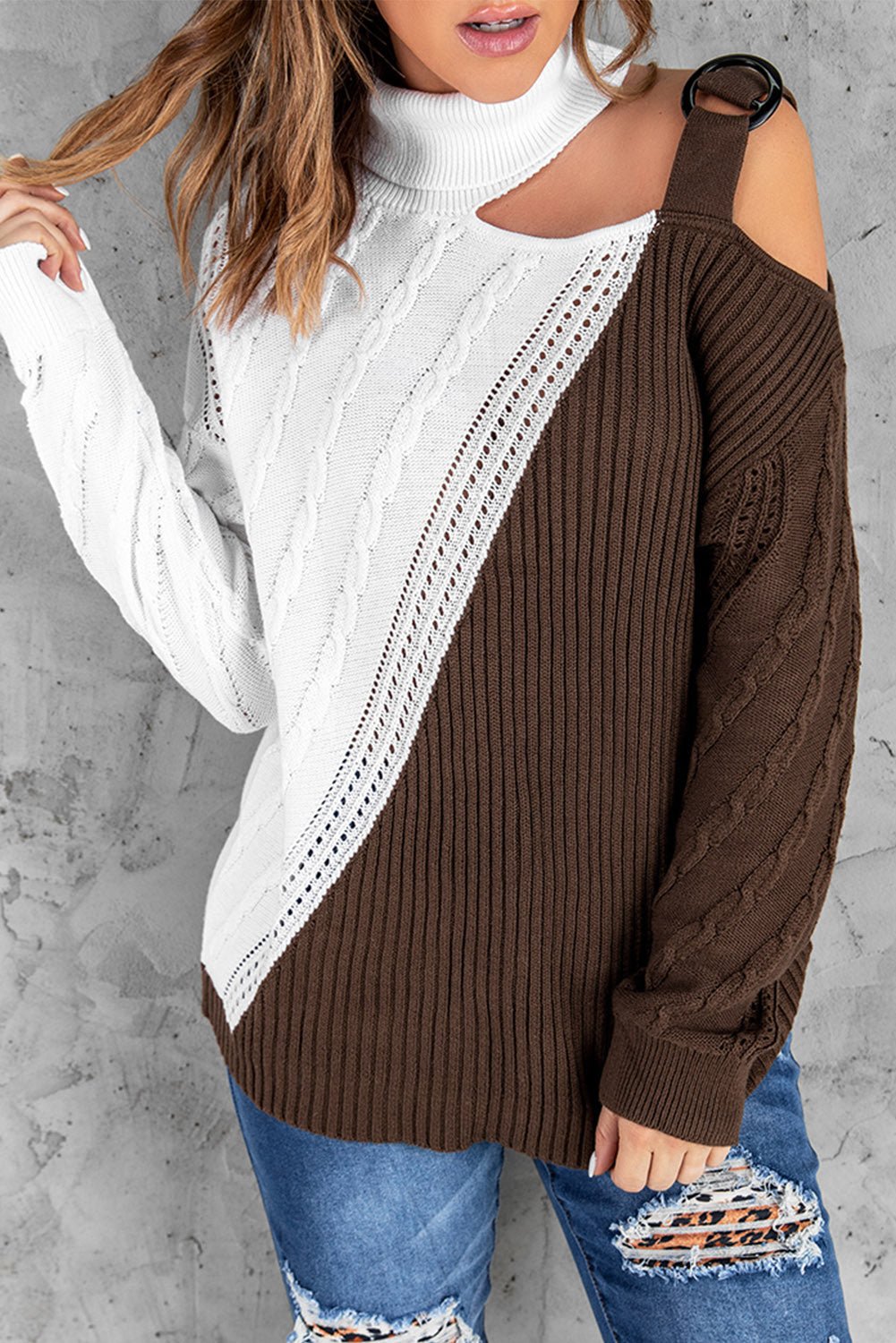 Brown Turtleneck Cold Shoulder Sweater - Wear and Wander