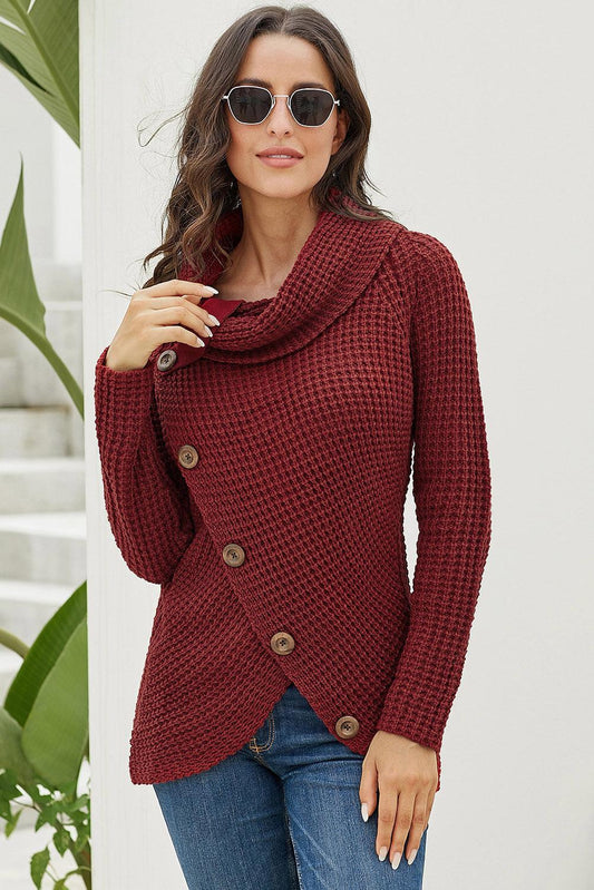 Burgundy Buttoned Wrap Turtleneck Sweater - Wear and Wander