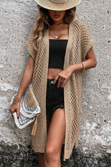 Camel Batwing Sleeve Pointelle Knit Open Front Cardigan - Wear and Wander