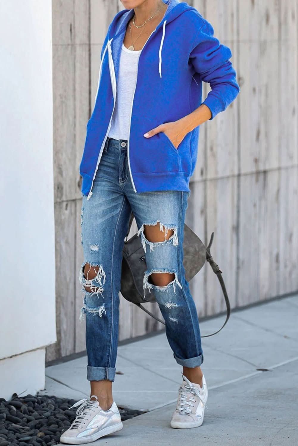 Casual Blue Zip - up Hoodie Jacket - Wear and Wander