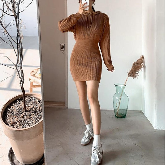 Casual hooded collar women sweater dress Bat sleeves drawstring ladies - Wear and Wander