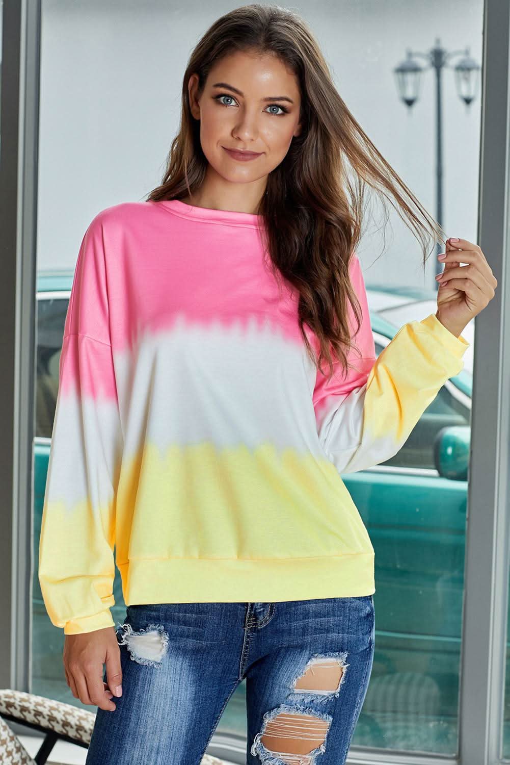 Casual Pink Color Block Tie Dye Pullover Sweatshirt - Wear and Wander
