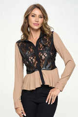Chic Sheer Lace Peplum Blouse with Faux Leather Accents - Wear and Wander