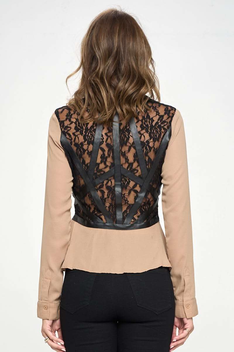 Chic Sheer Lace Peplum Blouse with Faux Leather Accents - Wear and Wander