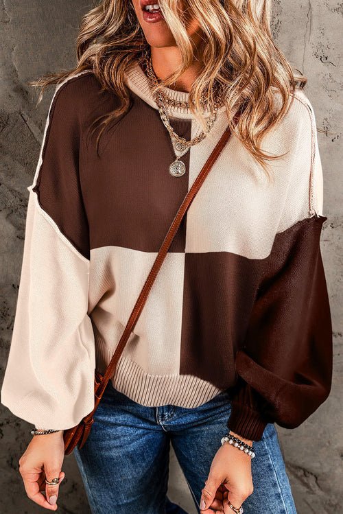 Chicory Coffee Contrast Color Exposed Seam Drop Shoulder Sweater - Wear and Wander