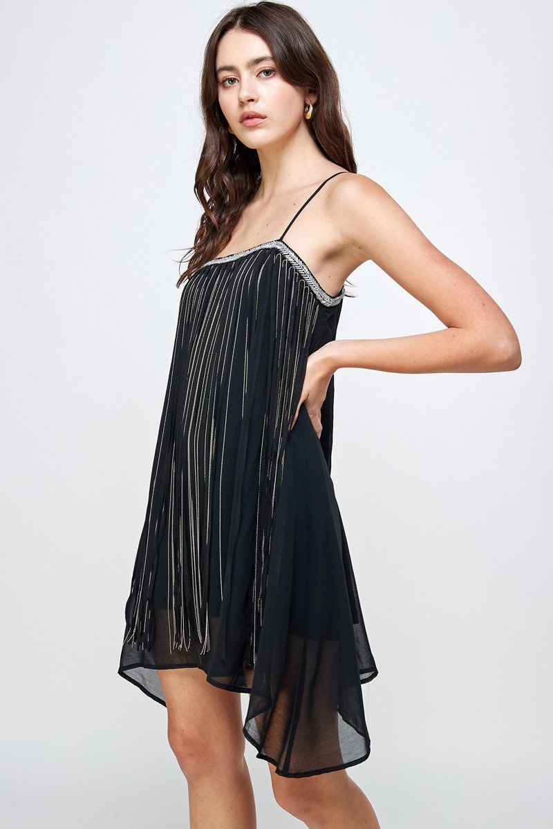 Chiffon A - Line Mini Dress with Metallic Fringe Detail - Wear and Wander