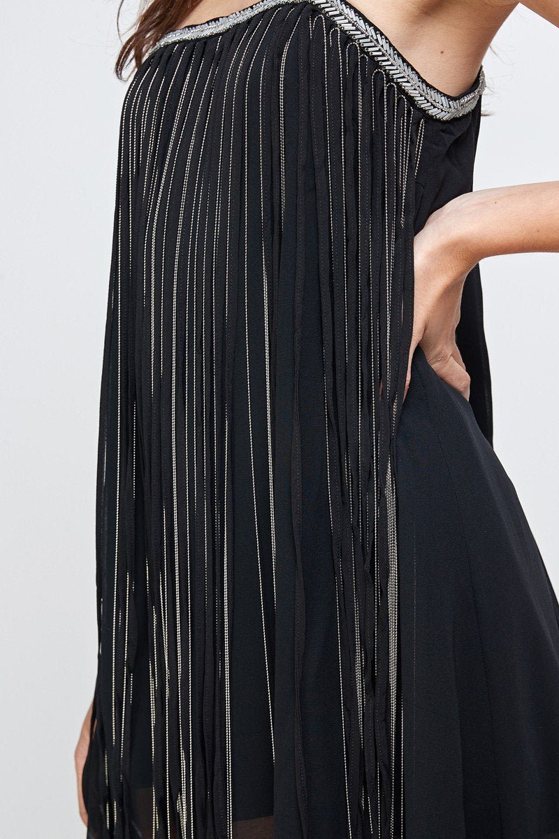 Chiffon A - Line Mini Dress with Metallic Fringe Detail - Wear and Wander