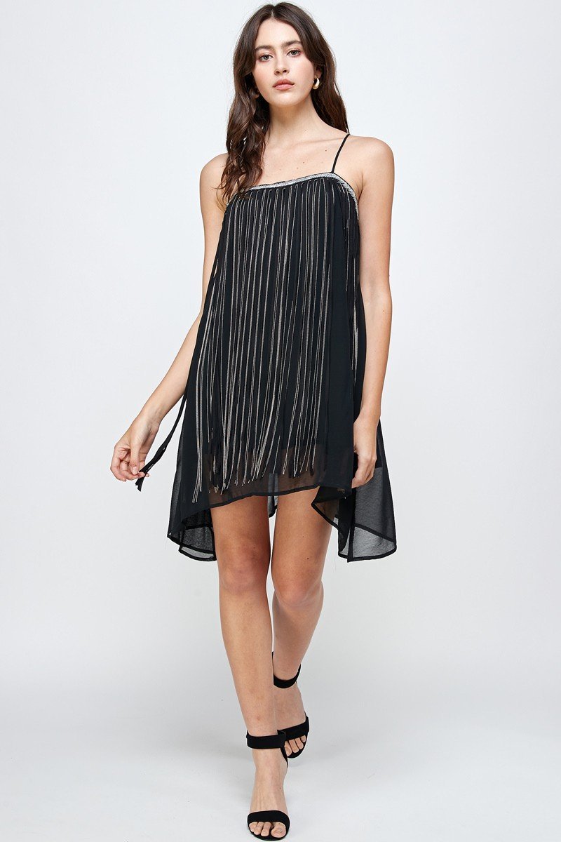 Chiffon A - Line Mini Dress with Metallic Fringe Detail - Wear and Wander