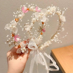 Children's Wreath Princess Hair Accessories Fairy Girl Flower Pearl Streamer Headgear Sweet Girl Snowflake Net Red Headband - Wear and Wander