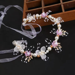 Children's Wreath Princess Hair Accessories Fairy Girl Flower Pearl Streamer Headgear Sweet Girl Snowflake Net Red Headband - Wear and Wander