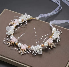 Children's Wreath Princess Hair Accessories Fairy Girl Flower Pearl Streamer Headgear Sweet Girl Snowflake Net Red Headband - Wear and Wander