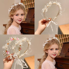 Children's Wreath Princess Hair Accessories Fairy Girl Flower Pearl Streamer Headgear Sweet Girl Snowflake Net Red Headband - Wear and Wander
