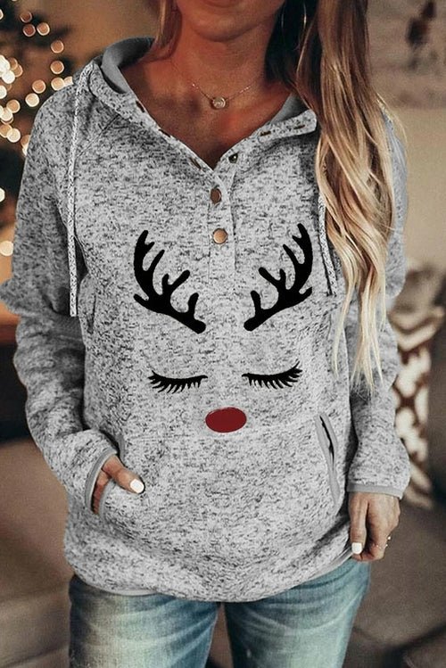 Christmas Reindeer Print Button Kangaroo Pocket Hoodie - Wear and Wander