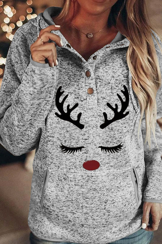 Christmas Reindeer Print Button Kangaroo Pocket Hoodie - Wear and Wander