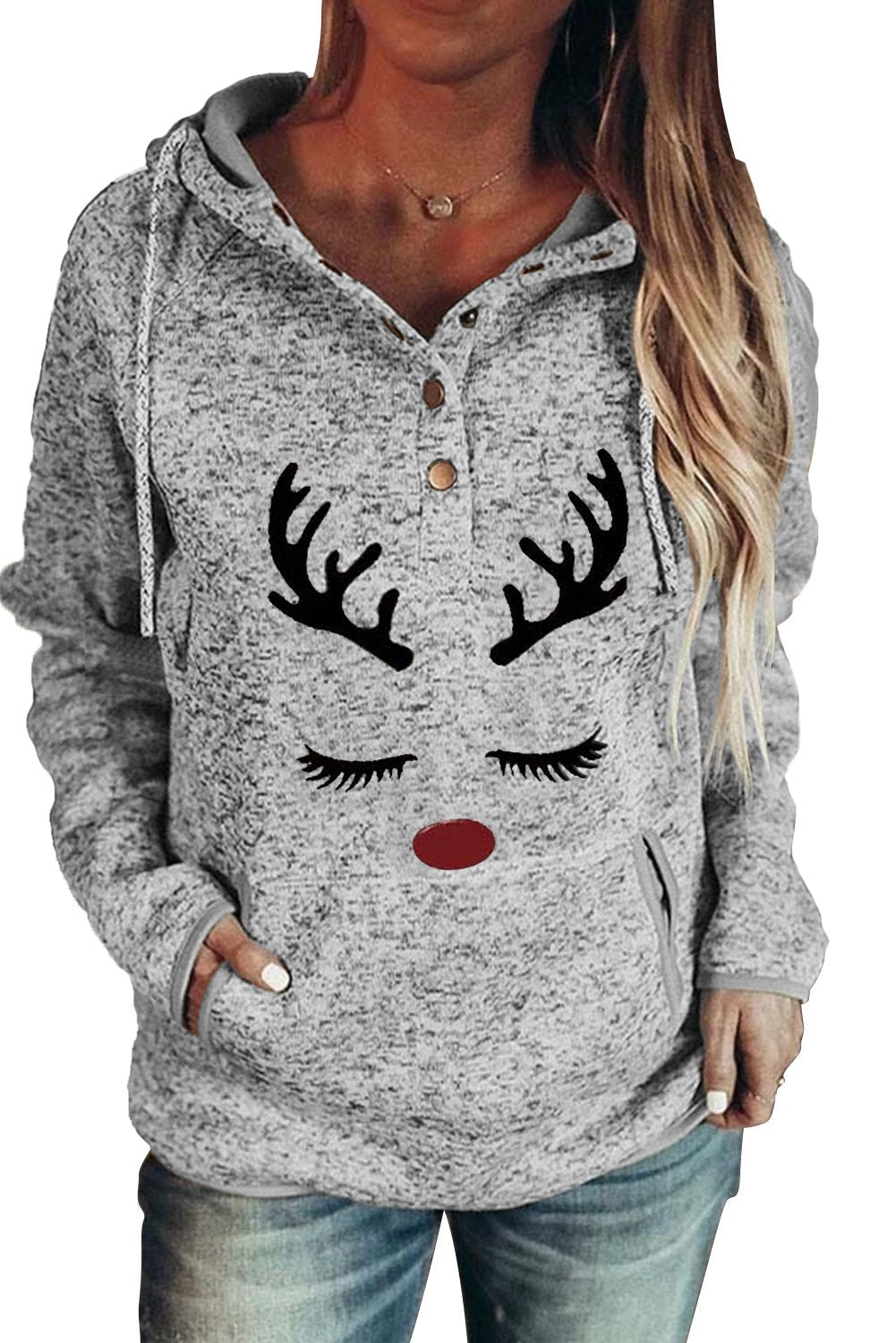 Christmas Reindeer Print Button Kangaroo Pocket Hoodie - Wear and Wander