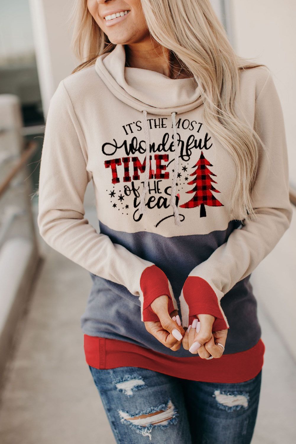 Christmas Tree Print Hoodie with Thumb Hole - Wear and Wander