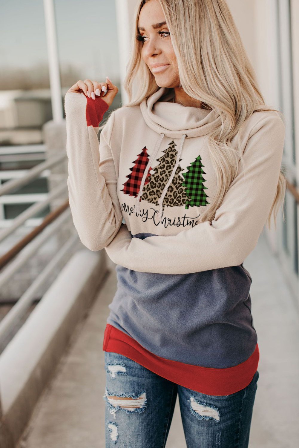 Christmas Tree Print Hoodie with Thumb Hole - Wear and Wander