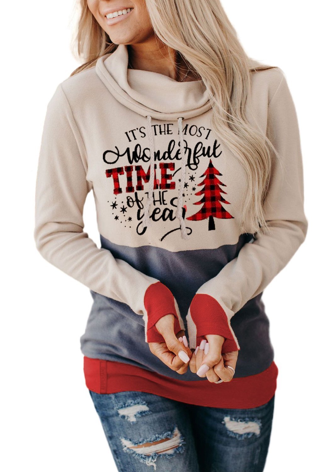 Christmas Tree Print Hoodie with Thumb Hole - Wear and Wander