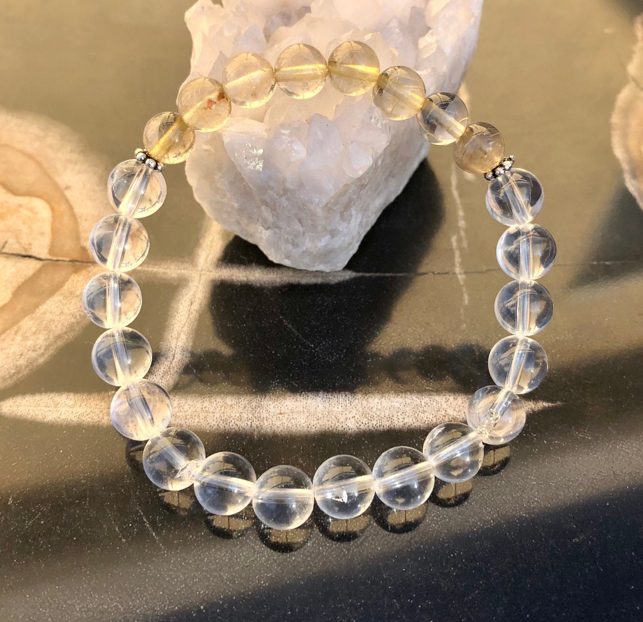 Citrine Rutilated & Crystal Quartz Stretch Bracelet! Genuine Crystals! - Wear and Wander