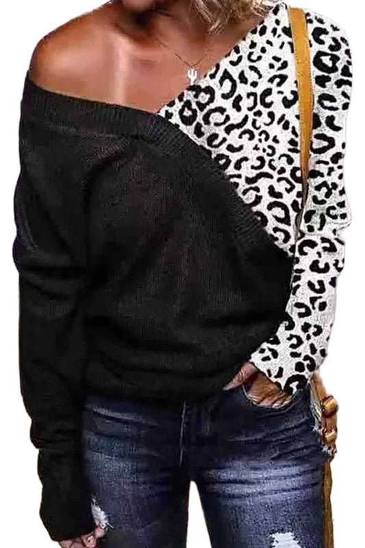 Cold Shoulder Leopard Splicing Knitted Sweater - Wear and Wander