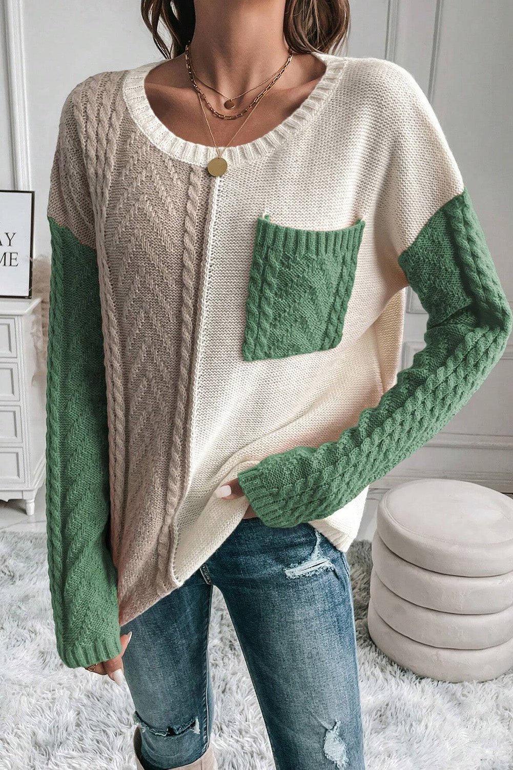 Color Block Round Neck Long Sleeve Sweater - Wear and Wander