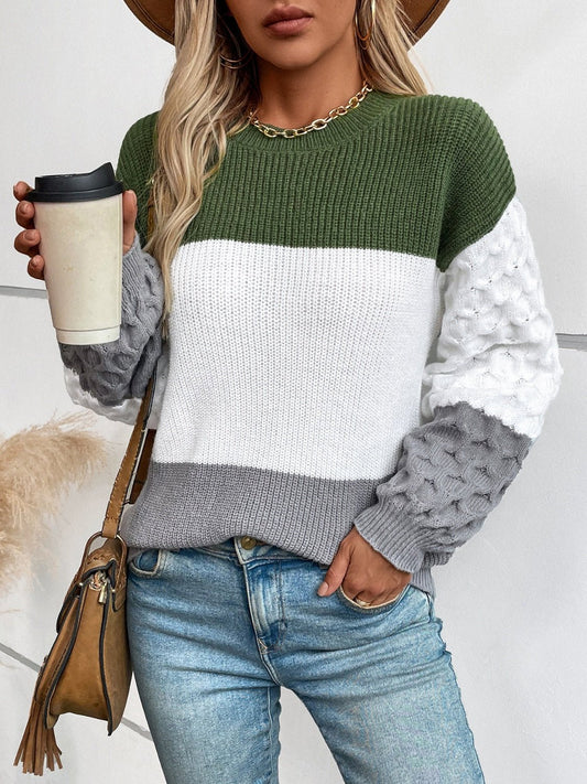 Color Block Round Neck Long Sleeve Sweater - Wear and Wander