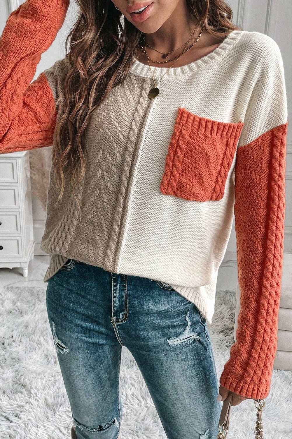 Color Block Round Neck Long Sleeve Sweater - Wear and Wander