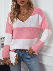 Color Block V - Neck Long Sleeve Sweater - Wear and Wander