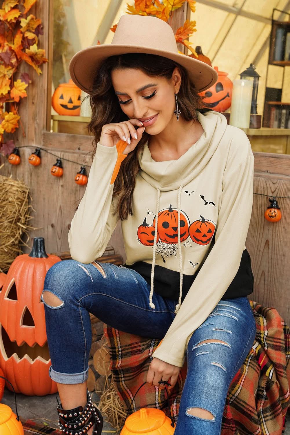 Cowl Neck Pumpkin Print Color Block Halloween Sweatshirt - Wear and Wander